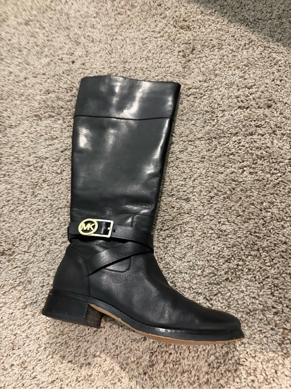 Michael Kors Black Leather Mid-Calf Boots with Gold MK Accent